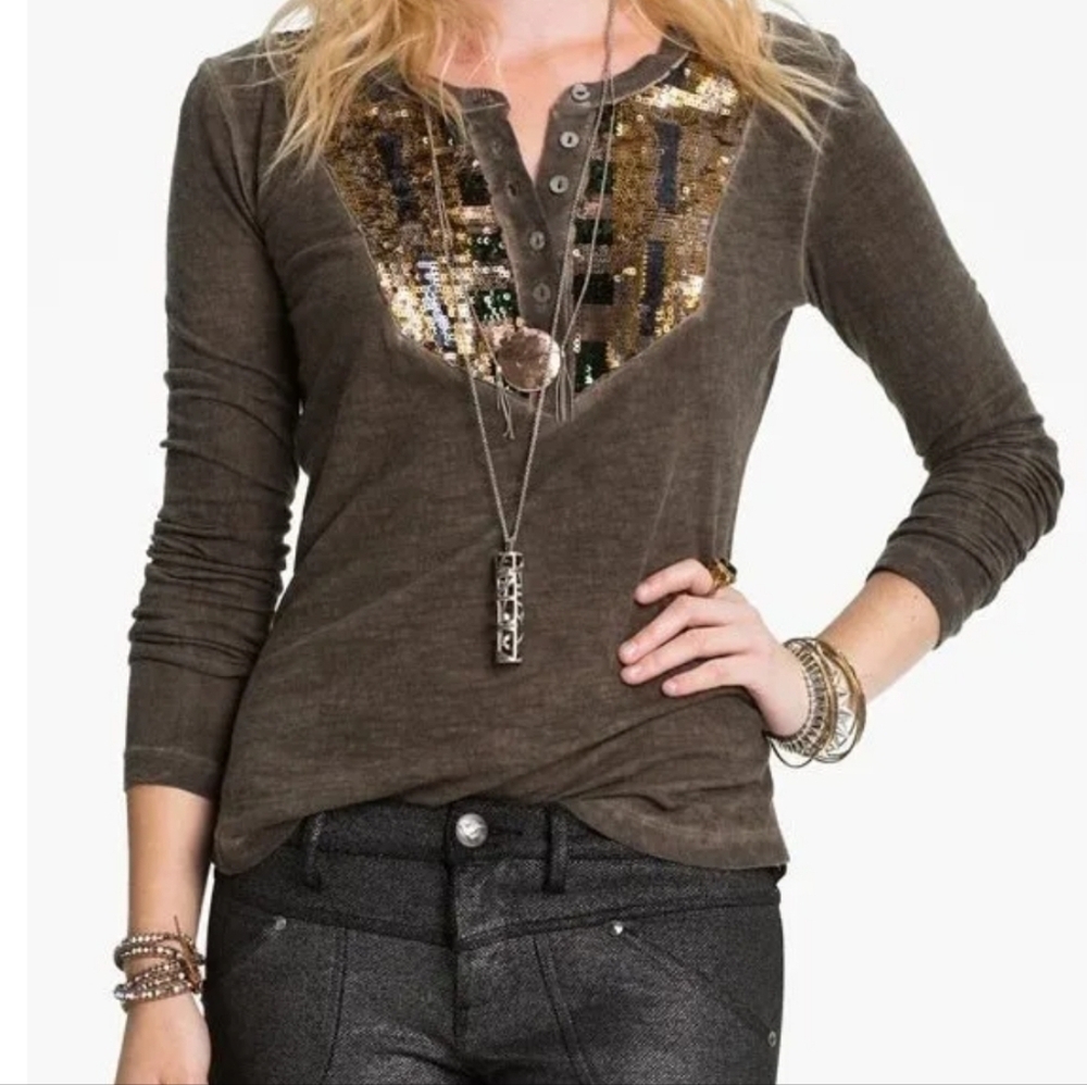 Free People Tiger Eyes Sequin Henley Shirt Top Boho